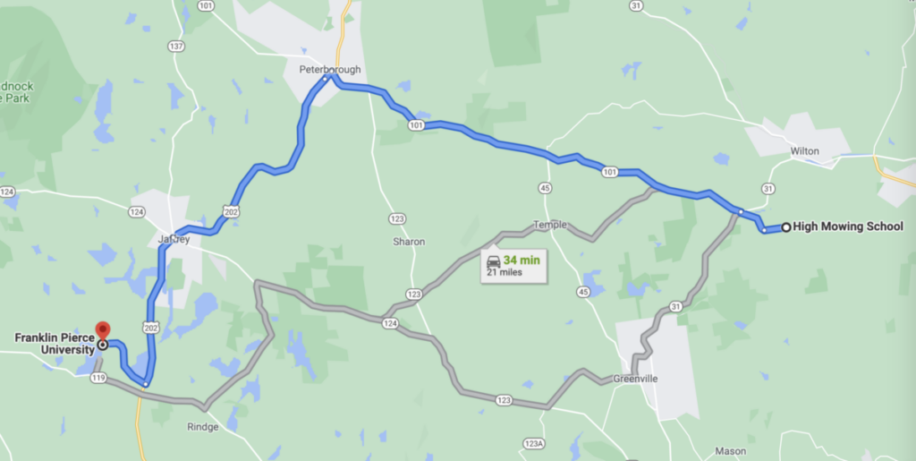 Map Showing Directions from Franklin Pierce University to High Mowing School